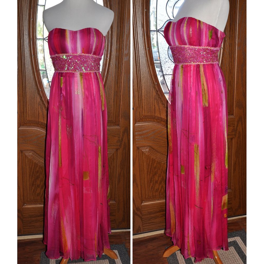 Camille La Vie Strapless Beaded Rose and Pink Washed Print Fabric Gown